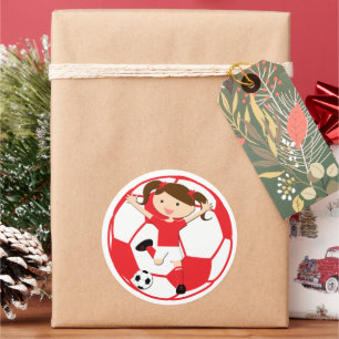 Soccer Girl 1 and Ball Red and White Classic Round Sticker