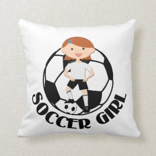 Soccer Girl 3 and Ball Black and White v2 Throw Pillow