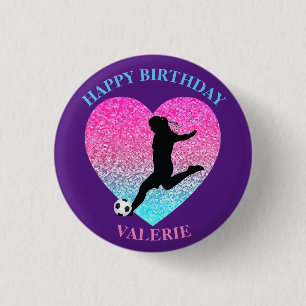 Soccer Girl "Happy Birthday" Heart 1 Inch Round Button
