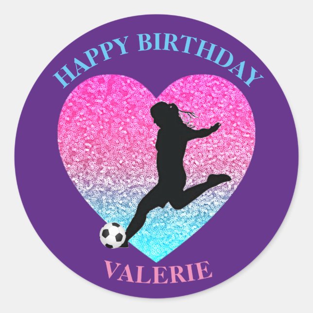 Soccer Girl "Happy Birthday" Heart Classic Round Sticker (Front)