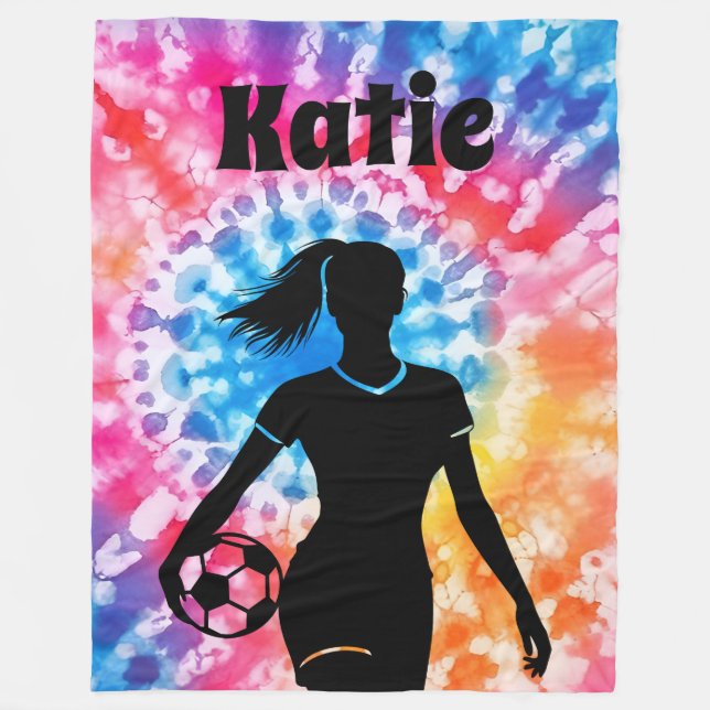 Soccer Girl Personalized Tie-Dye Rainbow Aquarelle Fleece Blanket (Front)