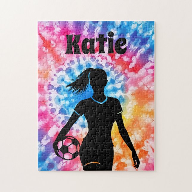 Soccer Girl Personalized Tie-Dye Rainbow Aquarelle Jigsaw Puzzle (Vertical)