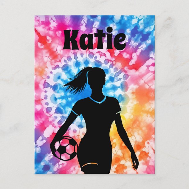 Soccer Girl Personalized Tie-Dye Rainbow Aquarelle Postcard (Front)