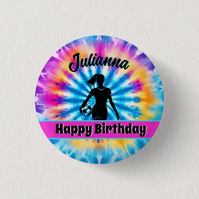 Soccer Girl Personalized Tie-Dye Rainbow Birthday 1 Inch Round Button (Front)