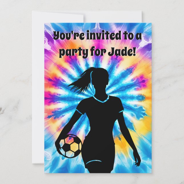 Soccer Girl Personalized Tie-Dye Rainbow Birthday Invitation (Front)