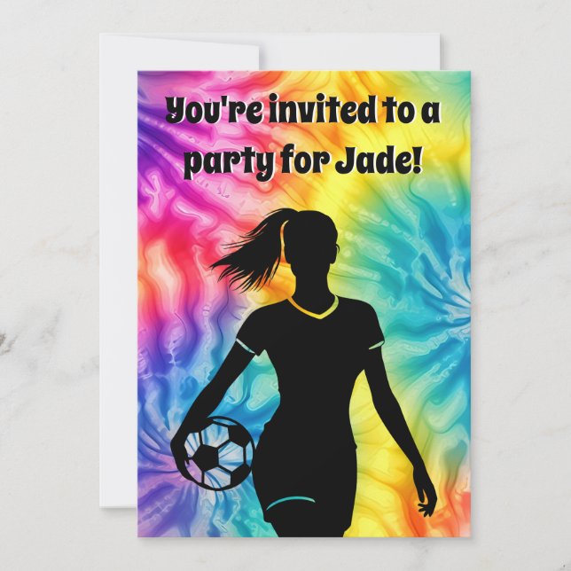 Soccer Girl Personalized Tie-Dye Rainbow Birthday Invitation (Front)
