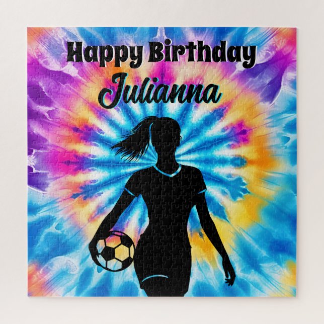 Soccer Girl Personalized Tie-Dye Rainbow Birthday Jigsaw Puzzle (Vertical)
