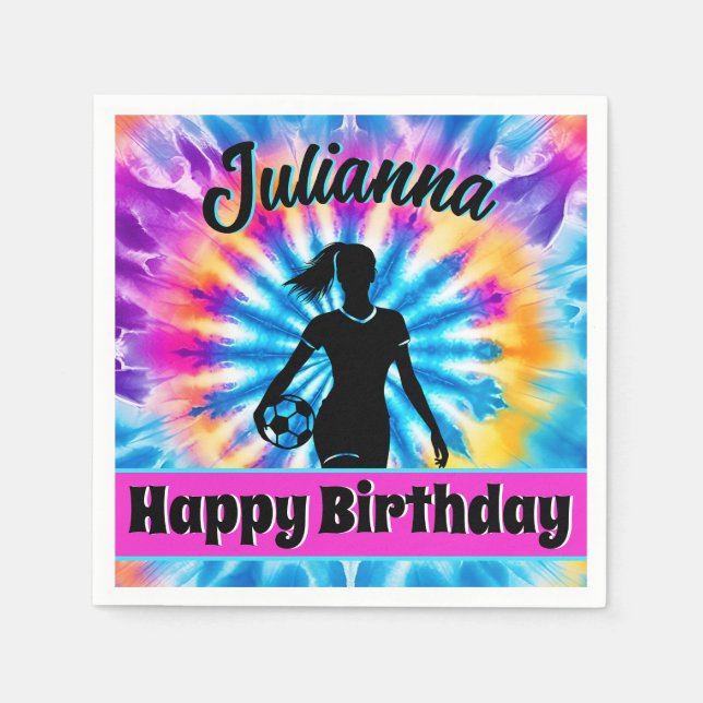 Soccer Girl Personalized Tie-Dye Rainbow Birthday Napkin (Front)
