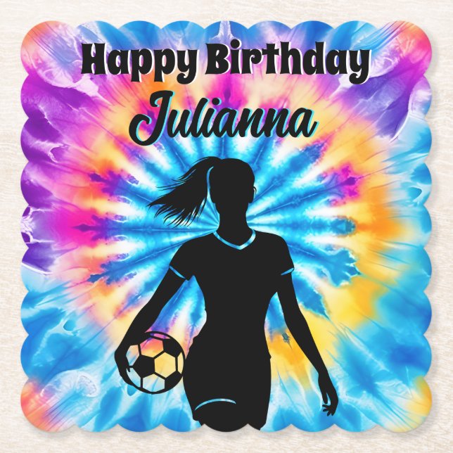 Soccer Girl Personalized Tie-Dye Rainbow Birthday Paper Coaster (Front)