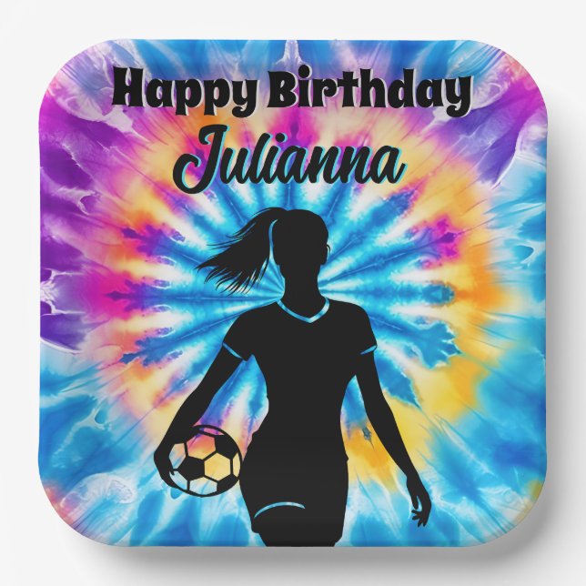 Soccer Girl Personalized Tie-Dye Rainbow Birthday Paper Plate (Front)