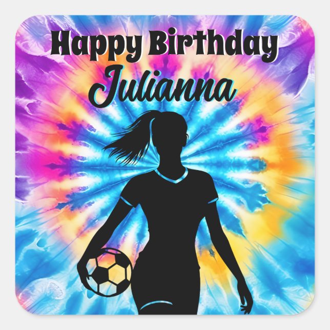 Soccer Girl Personalized Tie-Dye Rainbow Birthday Square Sticker (Front)