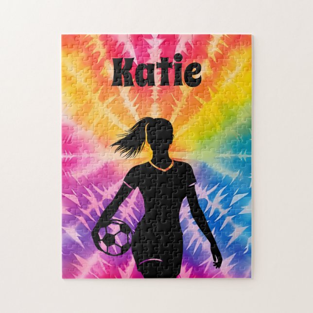 Soccer Girl Personalized Tie-Dye Rainbow Burst Jigsaw Puzzle (Vertical)