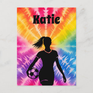 Soccer Girl Personalized Tie-Dye Rainbow Burst Postcard