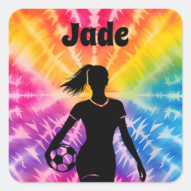 Soccer Girl Personalized Tie-Dye Rainbow Burst Square Sticker (Front)