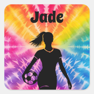 Soccer Girl Personalized Tie-Dye Rainbow Burst Square Sticker