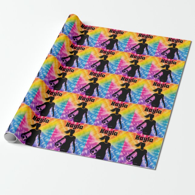 Soccer Girl Personalized Tie-Dye Rainbow Burst Wrapping Paper (Unrolled)