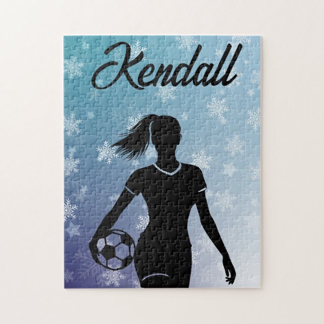 Soccer Girl Personalized Winter Ombre Snowflake Jigsaw Puzzle (Vertical)