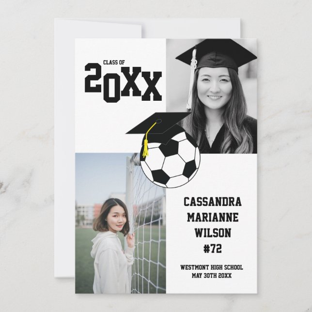 Soccer Graduation Sports Black White Announcement (Front)