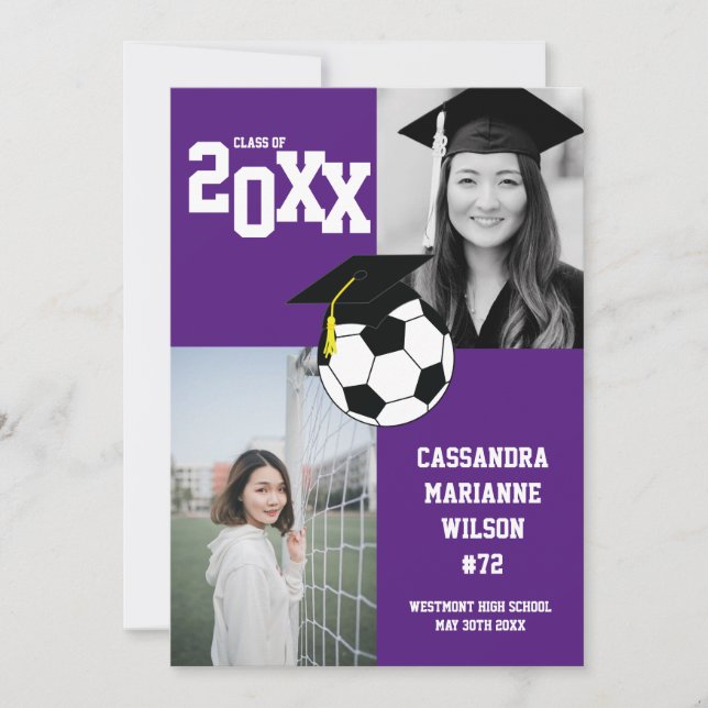 Soccer Graduation Sports Purple White Faire-part (Devant)