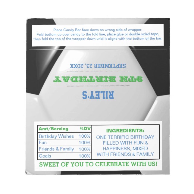 Soccer Green Blue Party Favour Candy Wrappers Notepad (Front)
