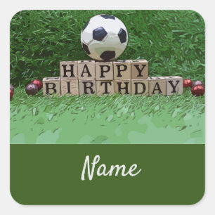 Soccer Happy Birthday with ball on green Party Square Sticker