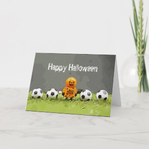 Soccer Happy Halloween with balls on green grass  Card