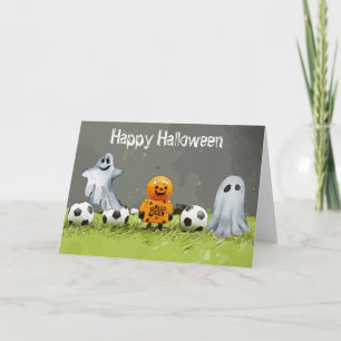 Soccer Happy Halloween with balls on green grass Card
