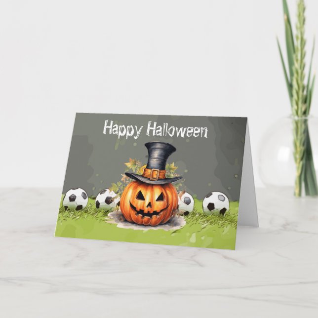 Soccer Happy Halloween with balls on green grass  Card (Front)