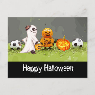 Soccer Happy Halloween with balls on green grass Postcard