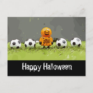 Soccer Happy Halloween with balls on green grass Postcard