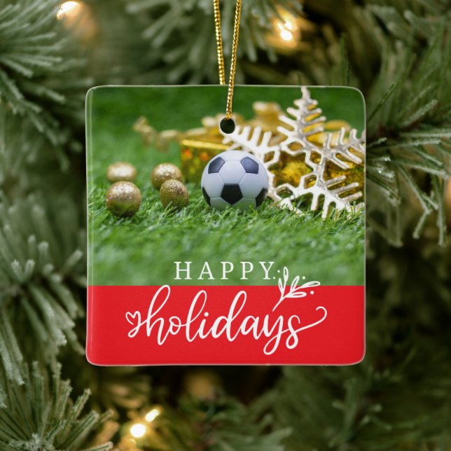 Soccer Happy Holidays with ball on green grass   Ceramic Ornament (Tree)