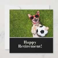 Soccer happy retirement with smiling dog on green