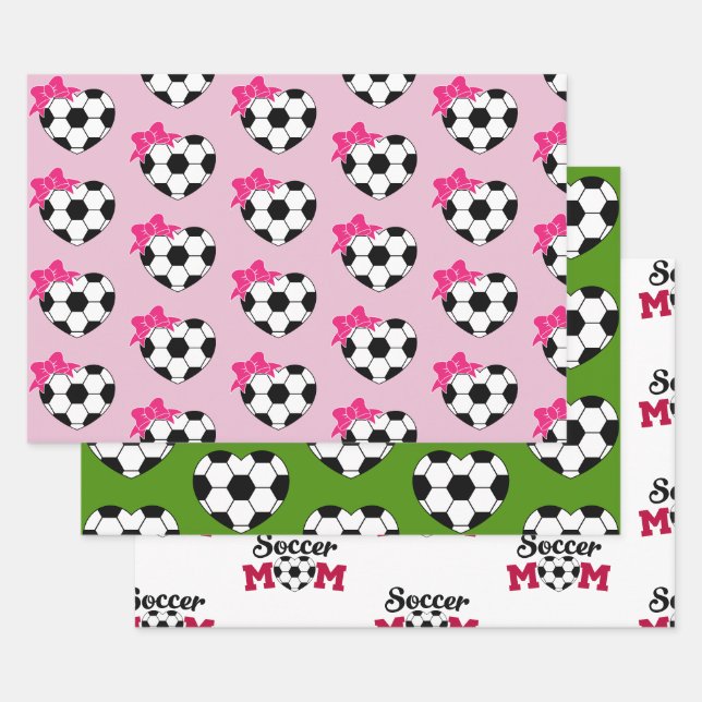 Soccer Heart Ball Pink Bow Wrapping Paper Sheet (Set)