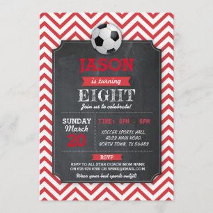 Soccer Invite Party Birthday Sport Red Football