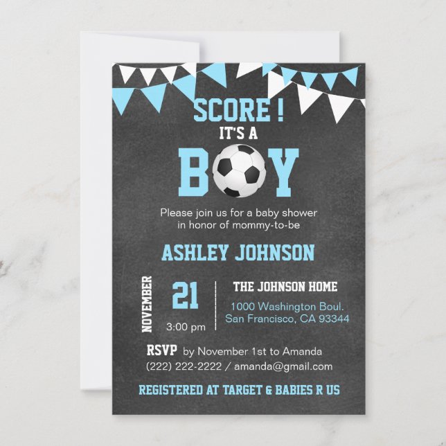SOCCER It's a Boy Baby Shower Chalkboard Blue Boy Invitation (Front)