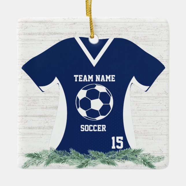 Soccer Jersey Blue and White Shirt with Photo Ceramic Ornament (Front)