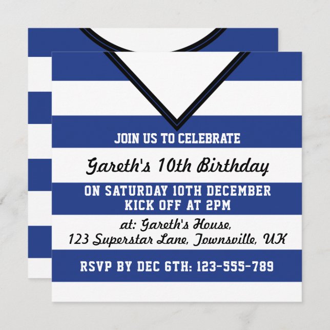 Soccer Jersey Themed Party Invites Template, Blue (Front/Back)