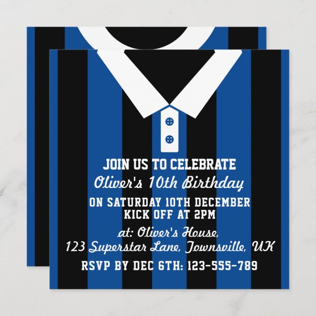 Soccer Jersey Themed Party Invites Template, Blue (Front/Back)