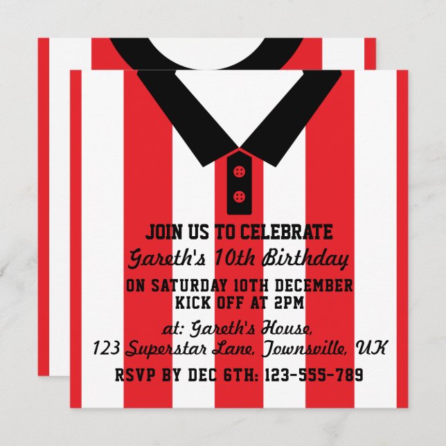Soccer Jersey Themed Party Invites Template, Red (Front/Back)