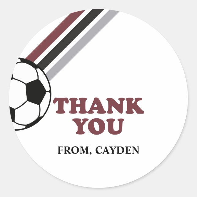 Soccer Maroon Stripes Let's Kick It Birthday Classic Round Sticker (Front)