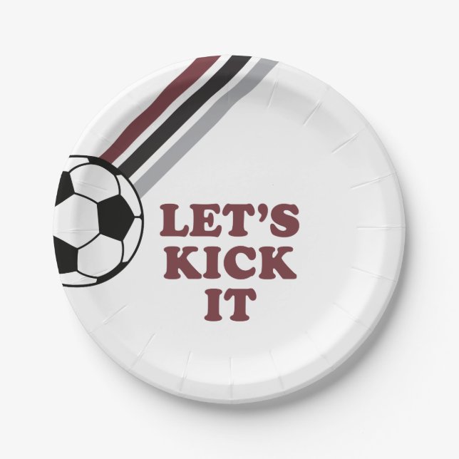 Soccer Maroon Stripes Let's Kick It Birthday Paper Plate (Front)