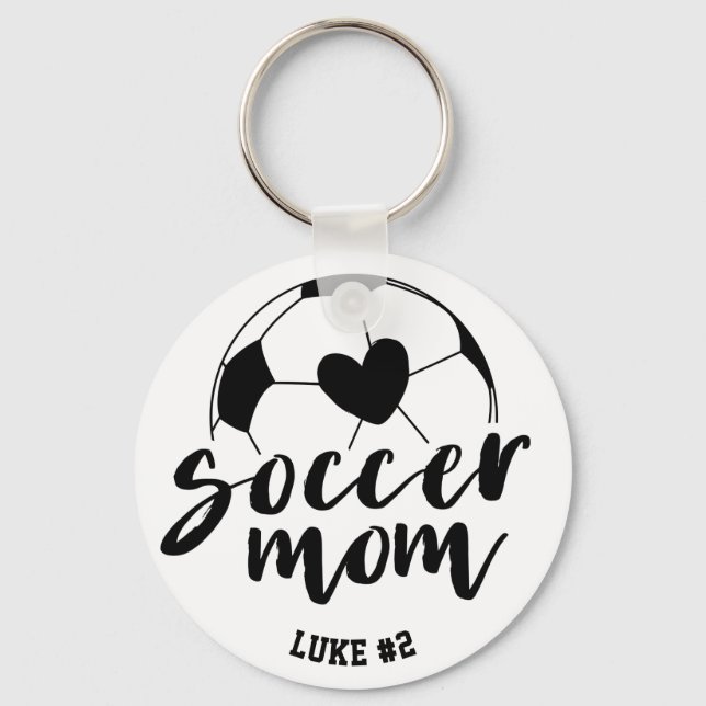 Soccer Mom Heart Ball Personalized Name and Number Keychain (Front)