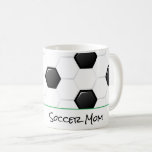 Soccer Mom Sports Team Spirit Ball Goal Player Coffee Mug<br><div class="desc">Soccer Ball Pattern in black white with green trim and custom SOCCER MOM or dad or player name in black on white background. Easy to personalize text, text colour, font, accent colour to your own team colours. Fun for Soccer fans at ANY age. Parents, Players, Coach, Fans, Team Awards, Fundraisers,...</div>