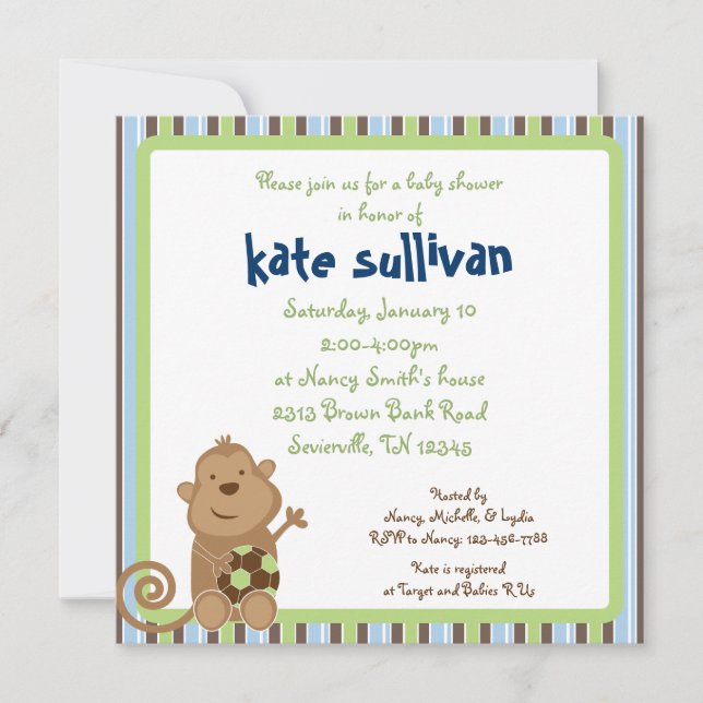 Soccer Monkey Square Baby Shower Invitation (Front)