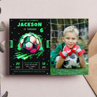 Soccer Neon Birthday Photo Invitation 