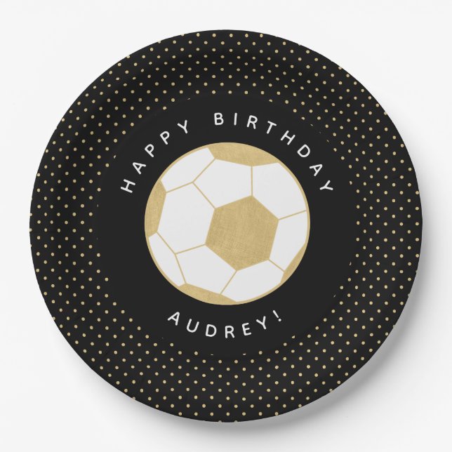 Soccer Party Personalized Name Black Gold Paper Plate (Front)