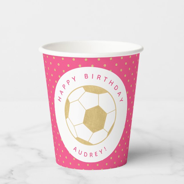 Soccer Party Sports Custom Name in Gold and Pink Paper Cups (Front)