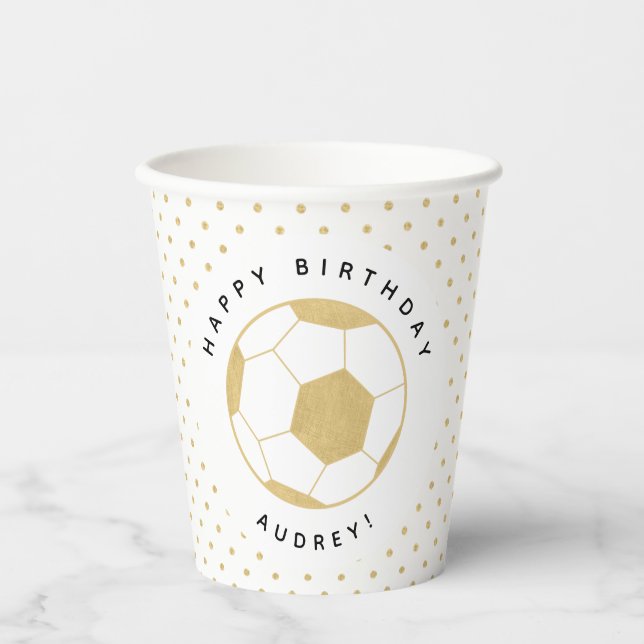 Soccer Party Sports Custom Name in Gold and White Paper Cups (Front)