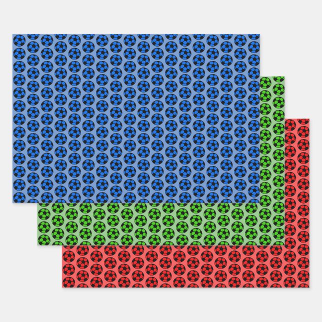 Soccer Pattern - Red Blue Green Wrapping Paper Sheet (Set)