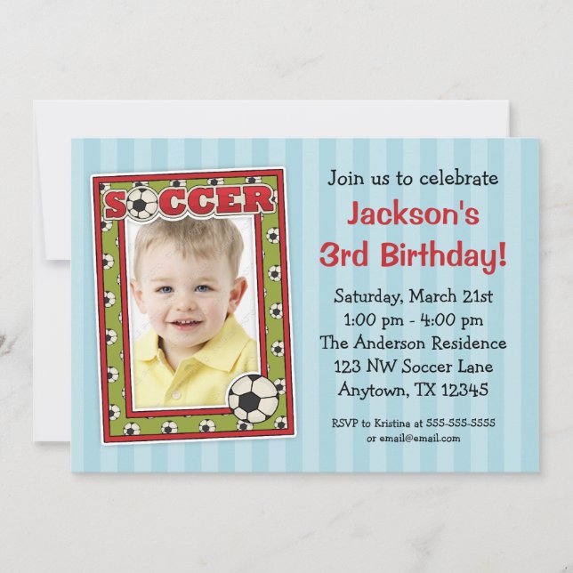 Soccer Photo Birthday Party Blue Invitations (Front)